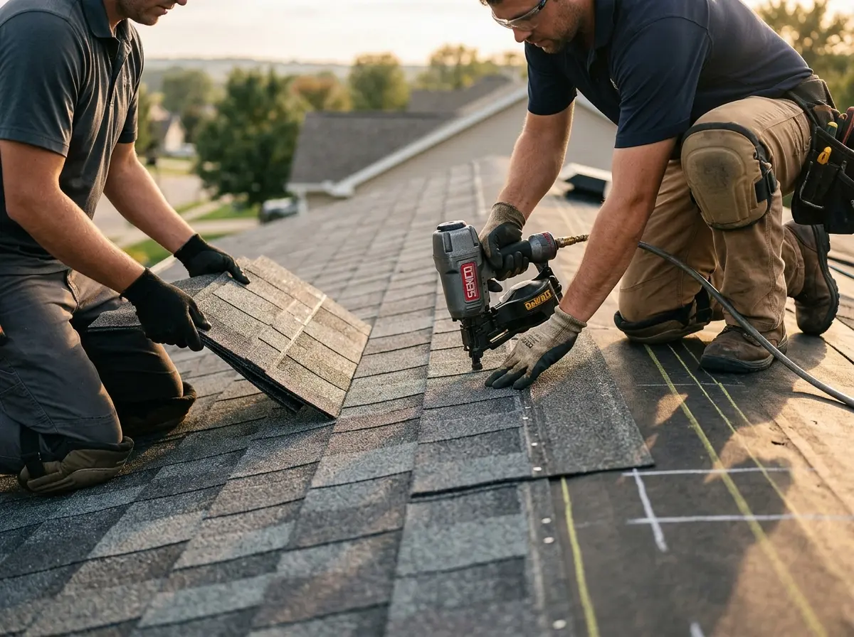 Professional roofer working on a residential roof in Crystal